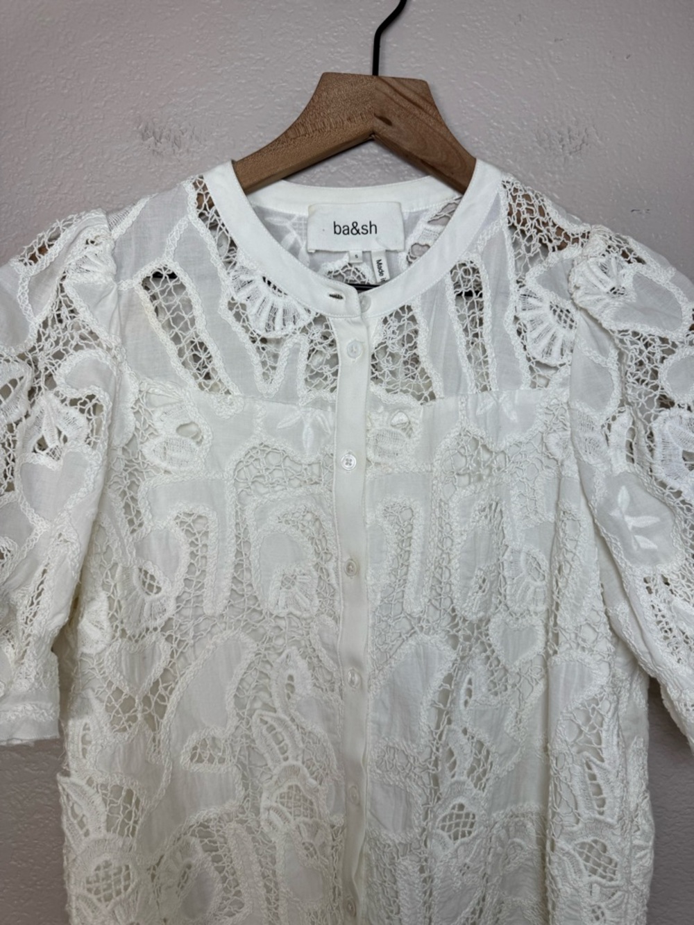 BA&SH Irkin Guipure Lace White Short Sleeve Button Down Blouse Small $230 - Picture 13 of 16